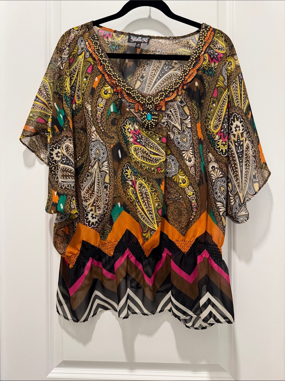 SHAN Paisley Embellished Flutter Sleeve Blouse in Brown, Orange, Pink